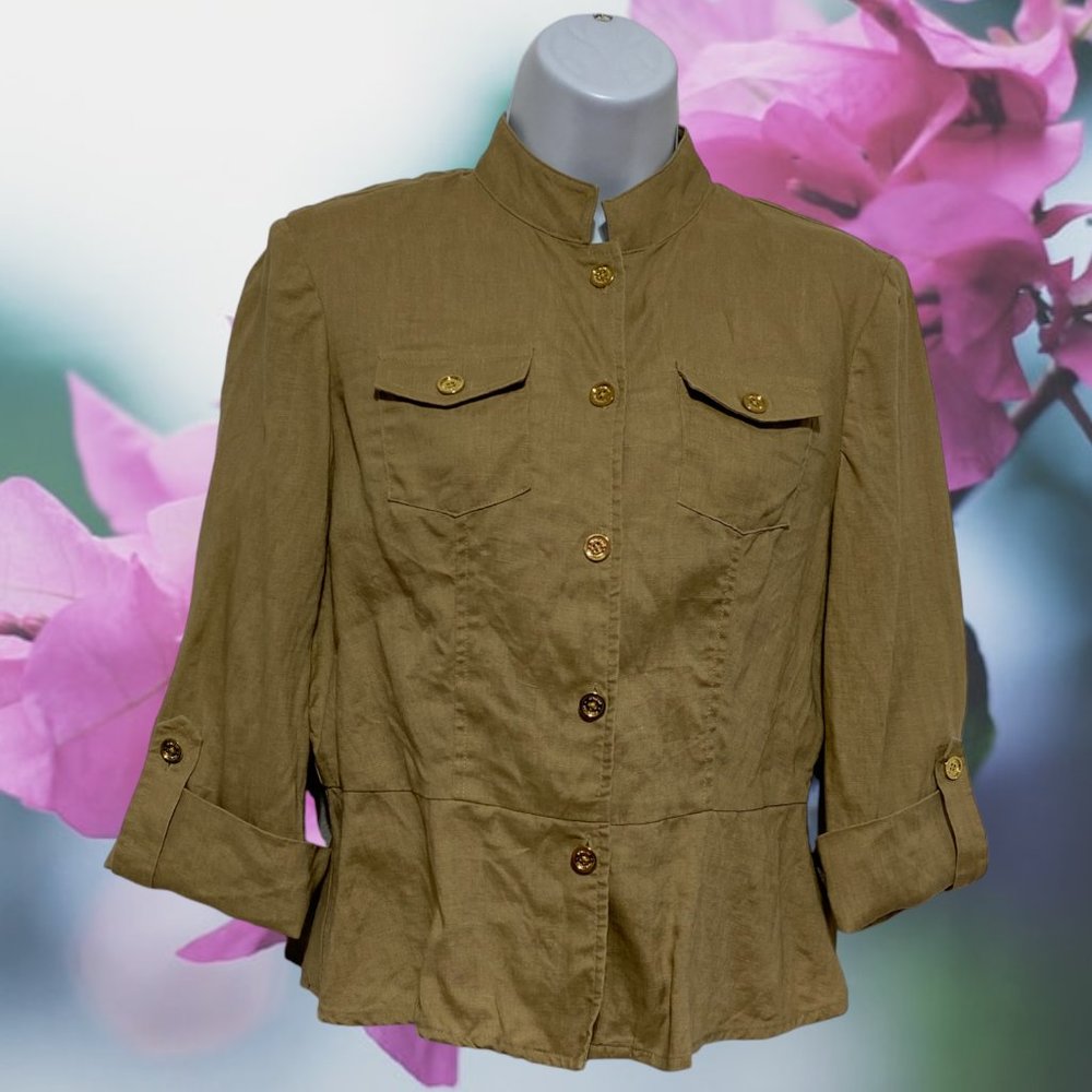 Jones New York-Women's Petite Medium Button Top Long Sleeve-Pockets-Linen